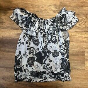 Elena Solano Blouse Womens M Black & White Floral Off Shoulder Ruffle Top
